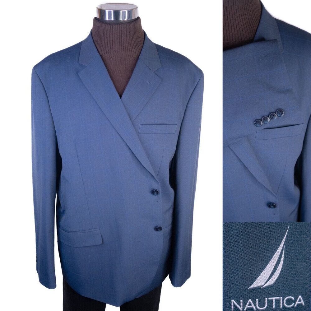 Nautica Blazer 58R Windowpane Blue Poly Blend Sport Coat Jacket 2 Button EUC